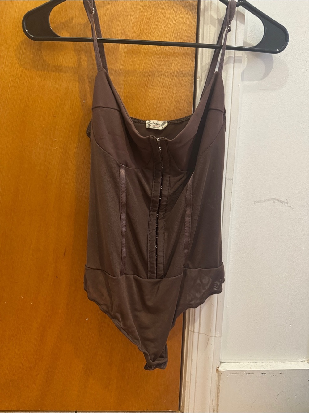 Free People Size M Women's Brown Satin Bodysuit with Front Hook Closure